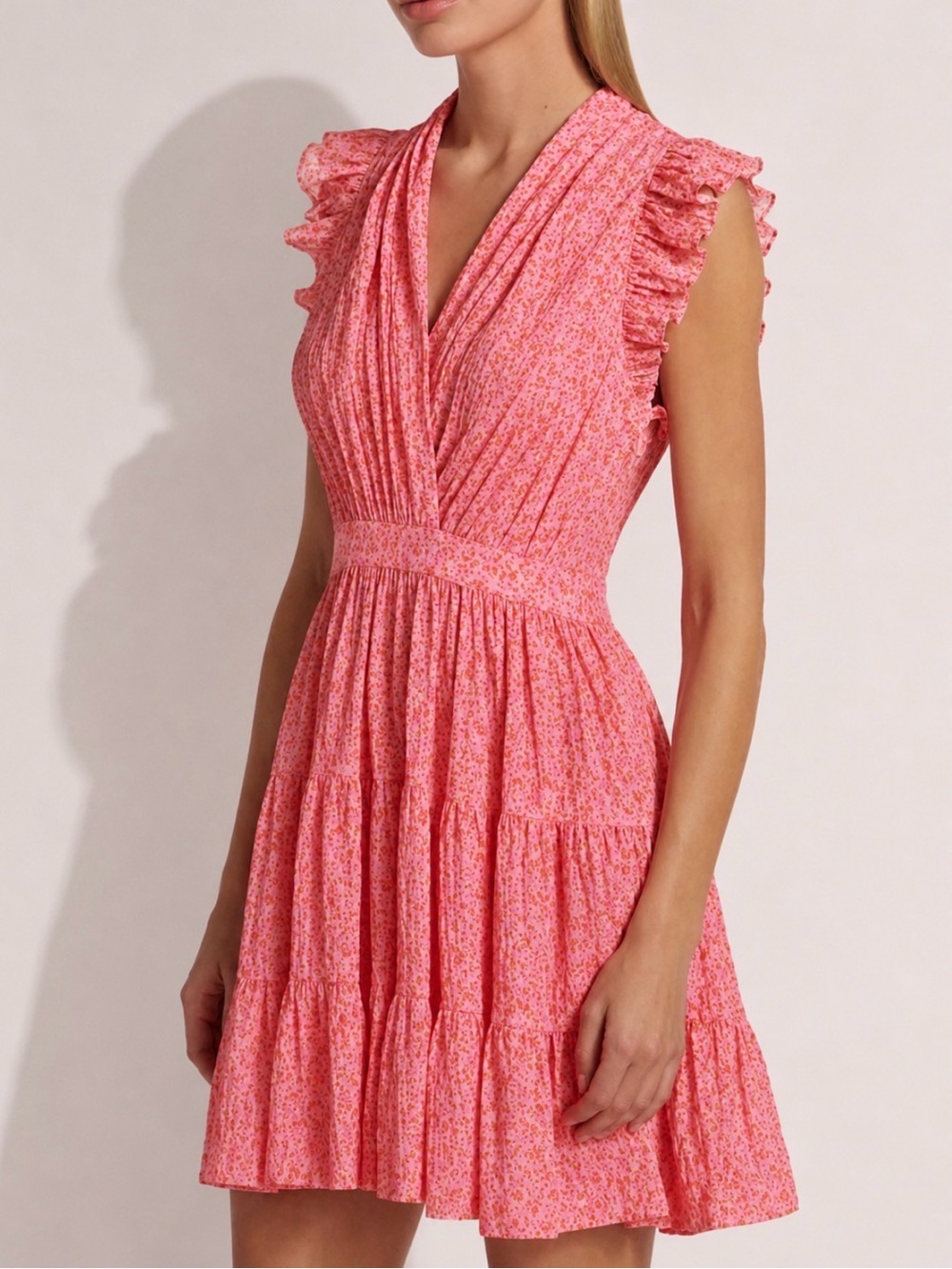 Anthropologie Cinq à Sept Nanci Floral Pink Lemonade Tiered Ruffle Mini Dress - Picture 7 of 10